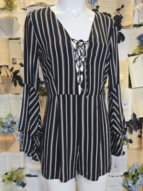 Striped Lace-up Bell Sleeve Romper from Love Culture SM Black & White